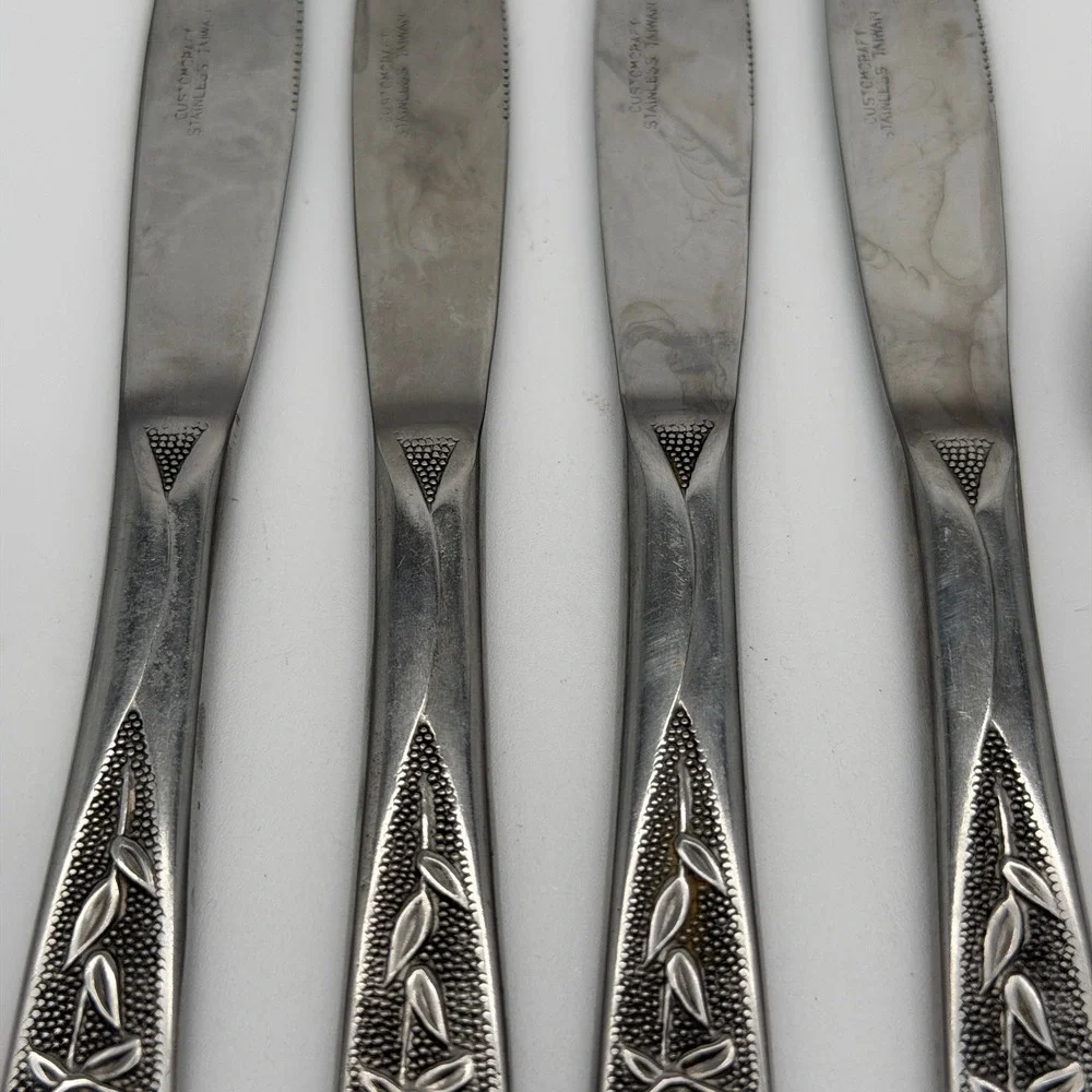 Customcraft Stainless Taiwan Rose Floral Flatware 8pc Set 4 Knives 4 Spoons MCM